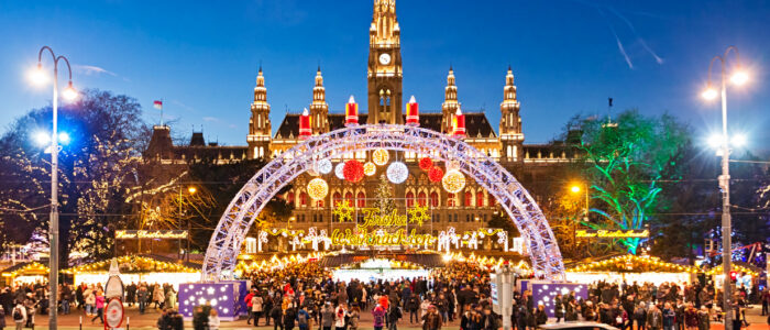 Christmas market on Rathausplatz in Vienna at Christmas Eve