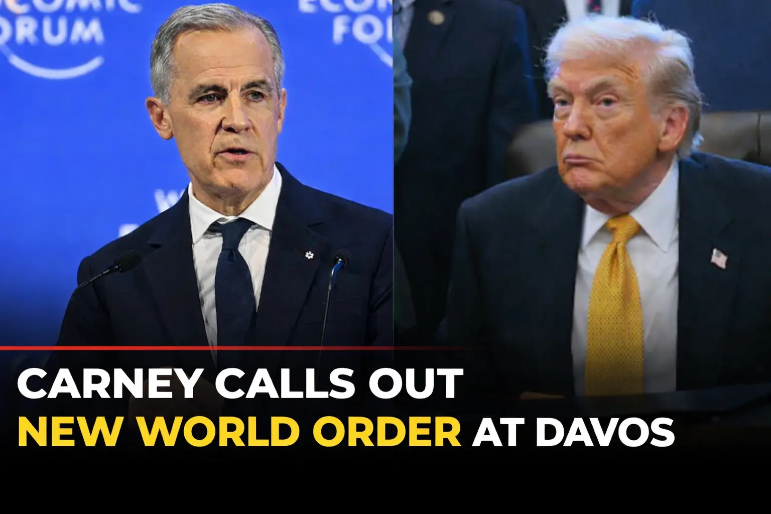 mark-carney-davos-canada-us-global-power-shift-2026 Mark Carney speaking at Davos with U.S. leadership imagery, highlighting Canada’s role in the global power shift and new world economic order