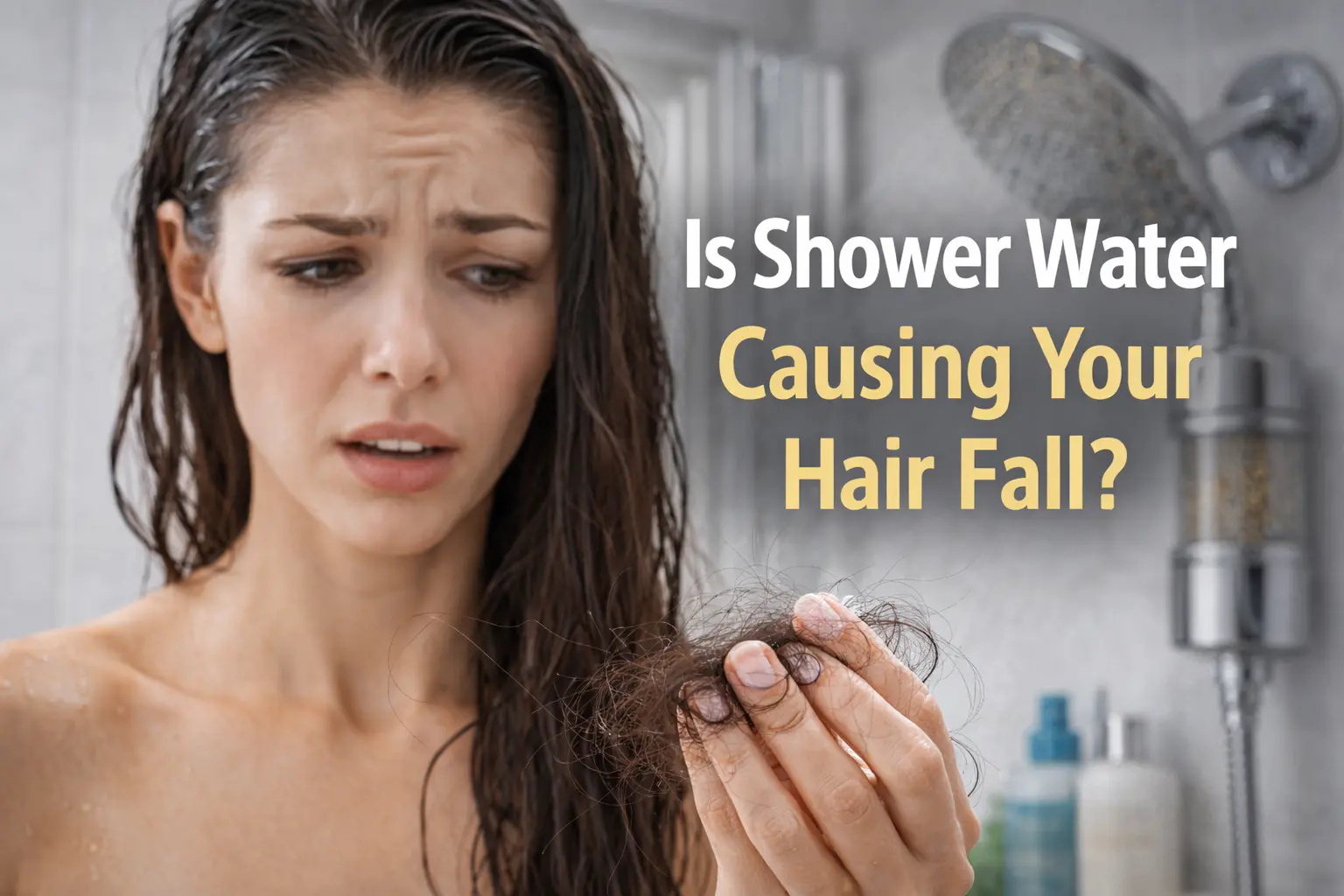Worried woman holding hair strands after shower, highlighting hard water hair fall in U.S. and Canada.