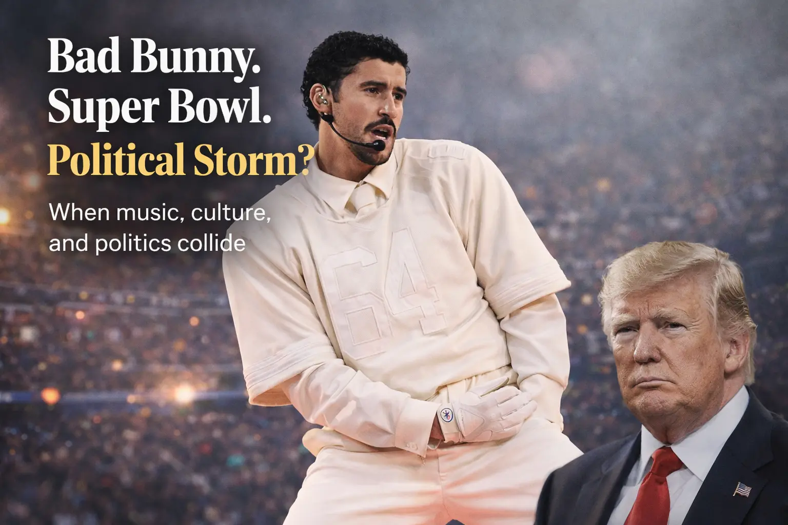 bad-bunny-super-bowl-controversy-trump-reaction-2026 Bad Bunny performing at the Super Bowl halftime show with Donald Trump reacting during political controversy