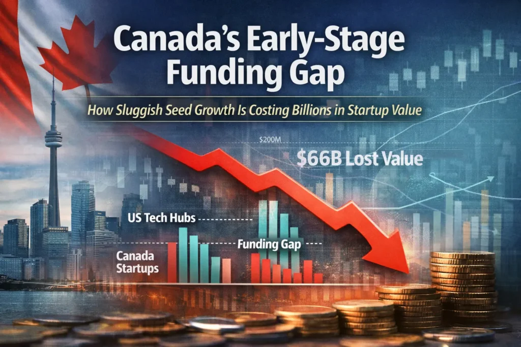 Data chart showing Canada’s early-stage funding gap and seed-stage slowdown compared to global tech ecosystems