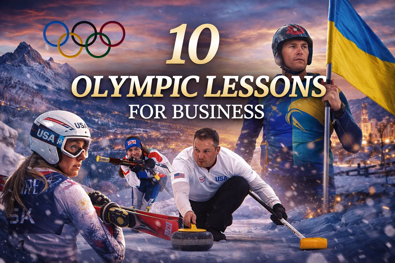 Winter Olympic athletes against a city skyline symbolizing leadership, resilience, and business strategy lessons.