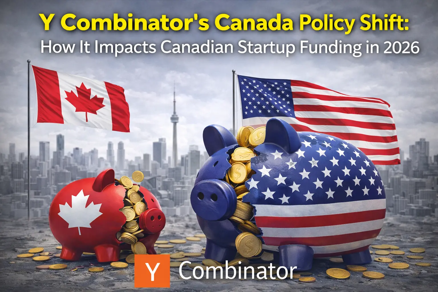 Y Combinator’s Canada policy shift showing U.S. and Canadian piggy banks symbolizing startup funding impact in 2026