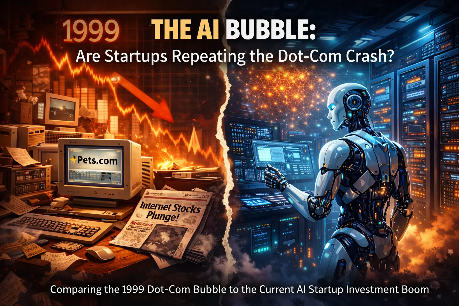 Comparison between the 2000 dot-com crash and the modern AI startup investment boom.