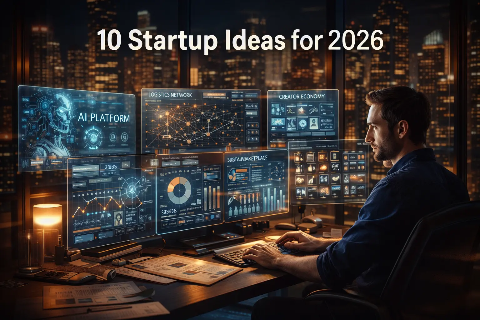 Entrepreneur brainstorming innovative startup ideas for 2026 including AI, logistics, and creator economy businesses