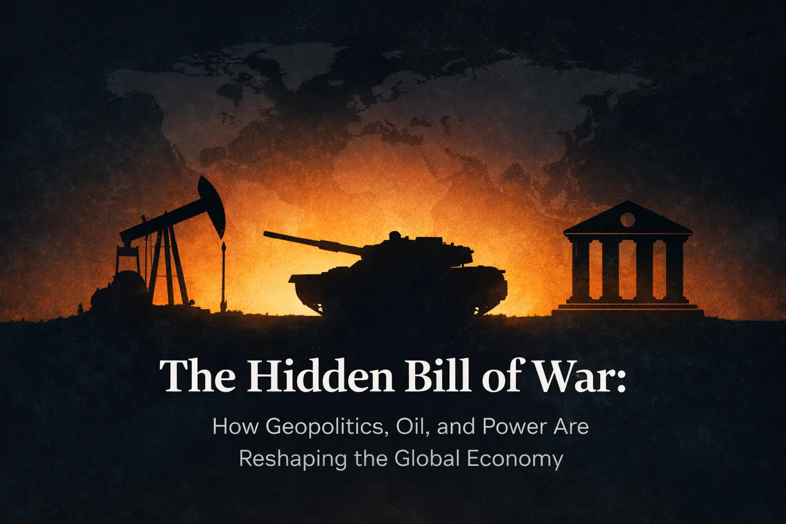 Economic impact of war illustration showing oil pump, military tank and government building representing geopolitics and global economy