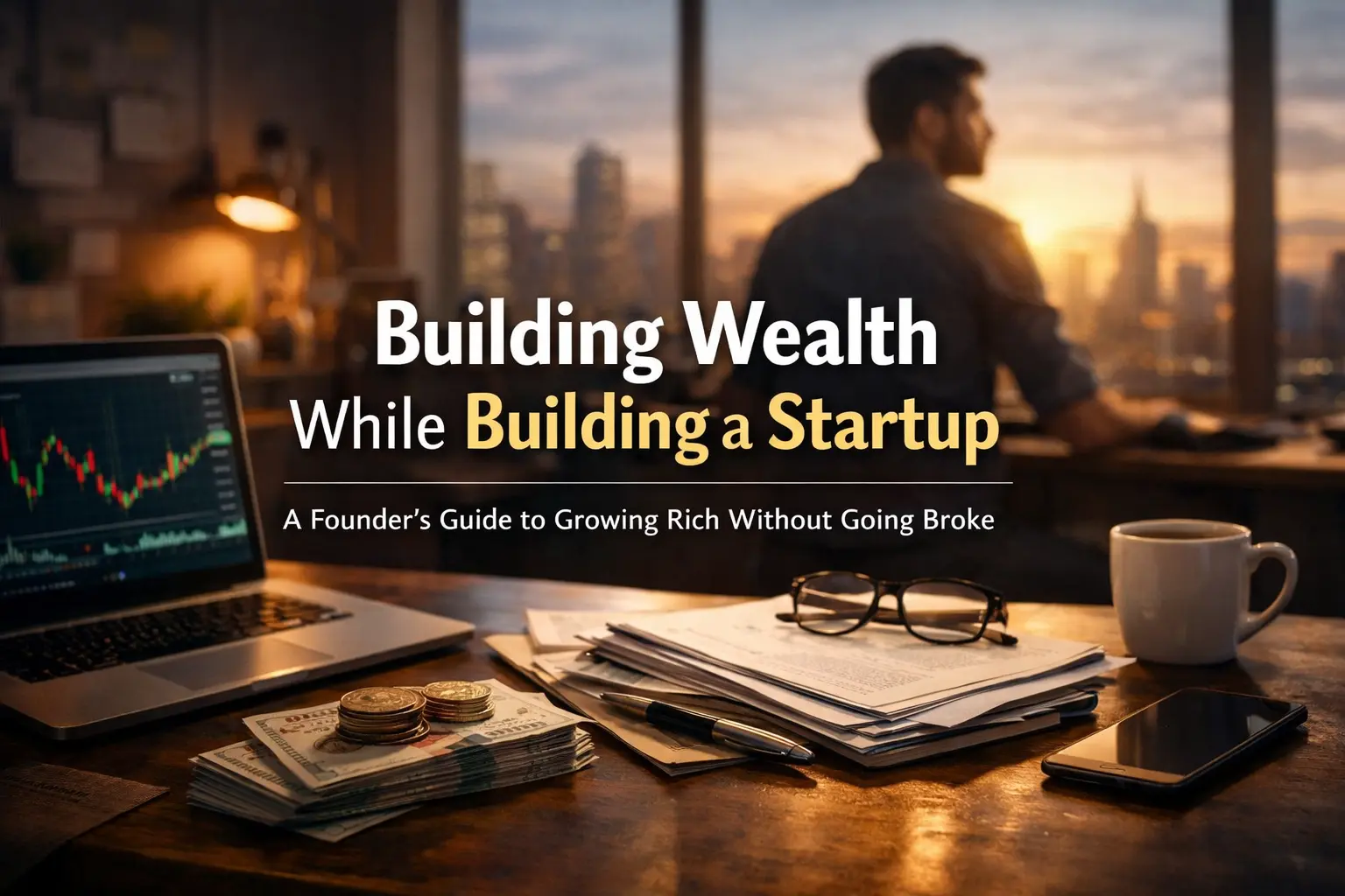 Founder working at desk analyzing financial charts while building wealth through startup entrepreneurship