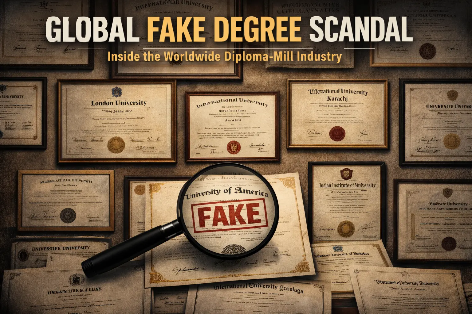 Global fake degree scandal investigation showing fraudulent diplomas from the US, UK, India and Pakistan connected in an international diploma mill network.