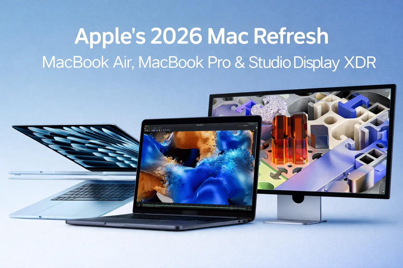 Apple 2026 MacBook Air, MacBook Pro with M5 chips and Studio Display XDR on blue background