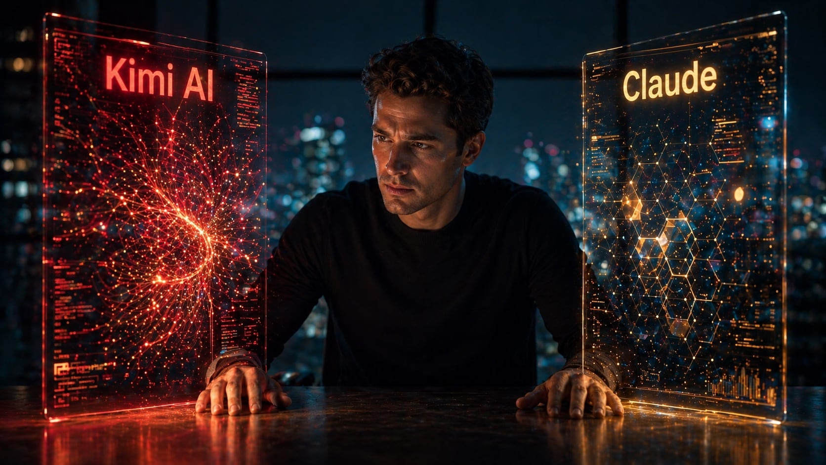 Founder choosing between Kimi AI and Claude AI holographic interfaces — Kimi AI vs Claude comparison 2026