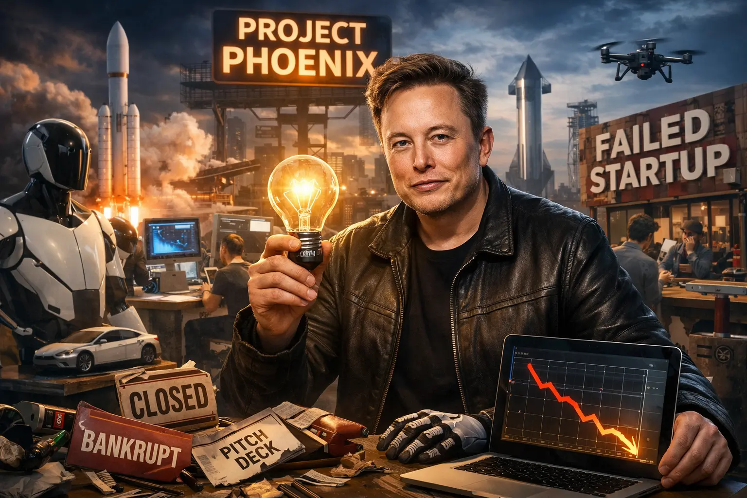Elon Musk fixing failed startups concept illustration