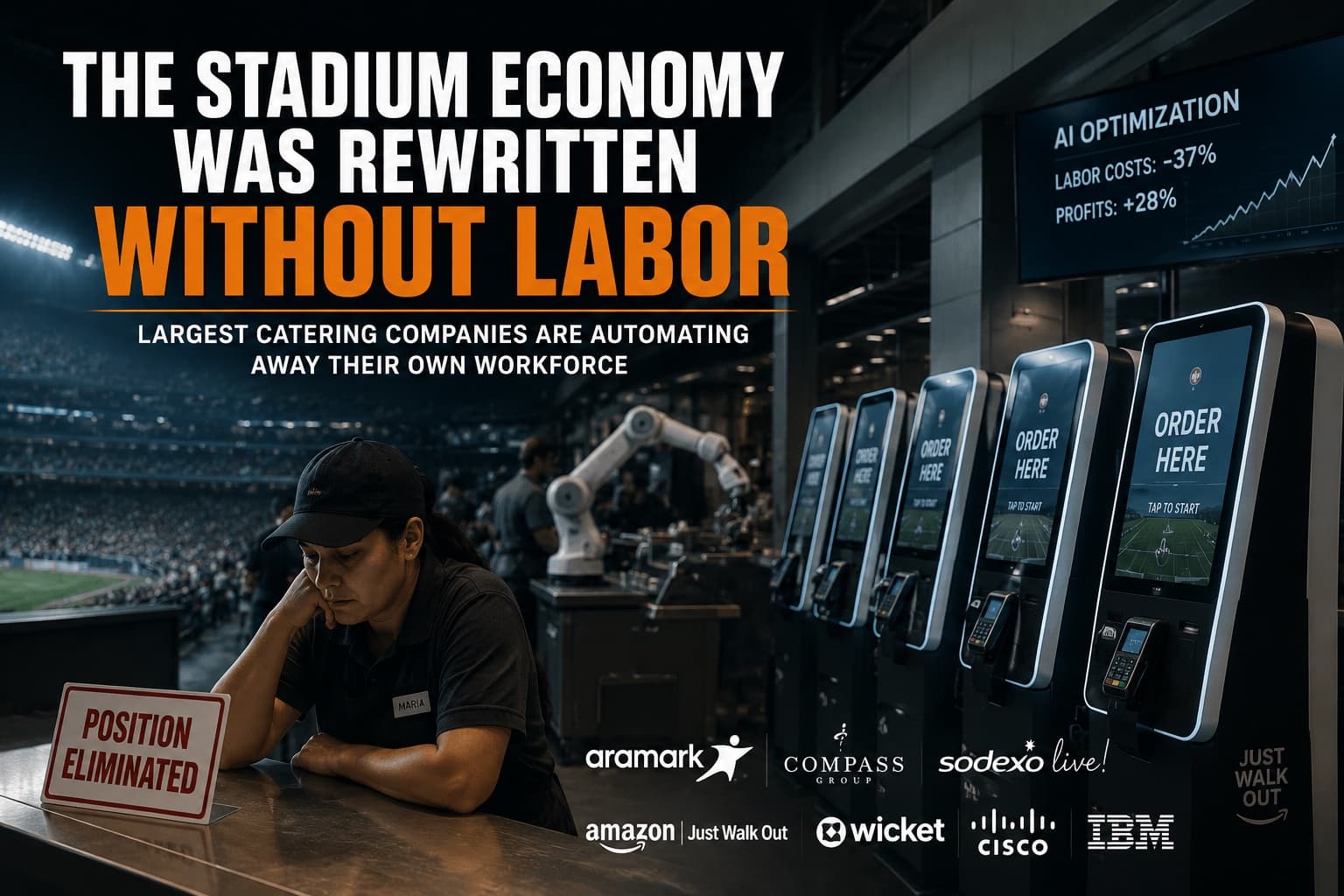 Stadium-economy-automation AI-powered self-checkout kiosks inside a modern sports stadium as a displaced concession worker sits beside a “Position Eliminated” sign, illustrating automation replacing stadium labor.