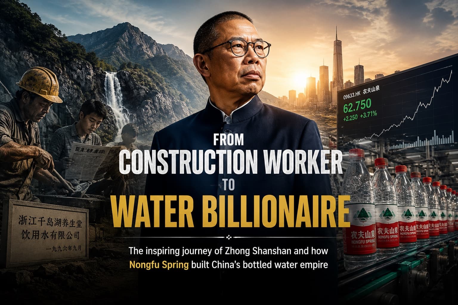 **Alt Text:** Nongfu Spring Founder Zhong Shanshan standing between scenes of poverty and billionaire success, illustrating his inspiring journey from construction worker and failed entrepreneur to building China’s bottled water empire and becoming one of the richest businessmen in Asia.