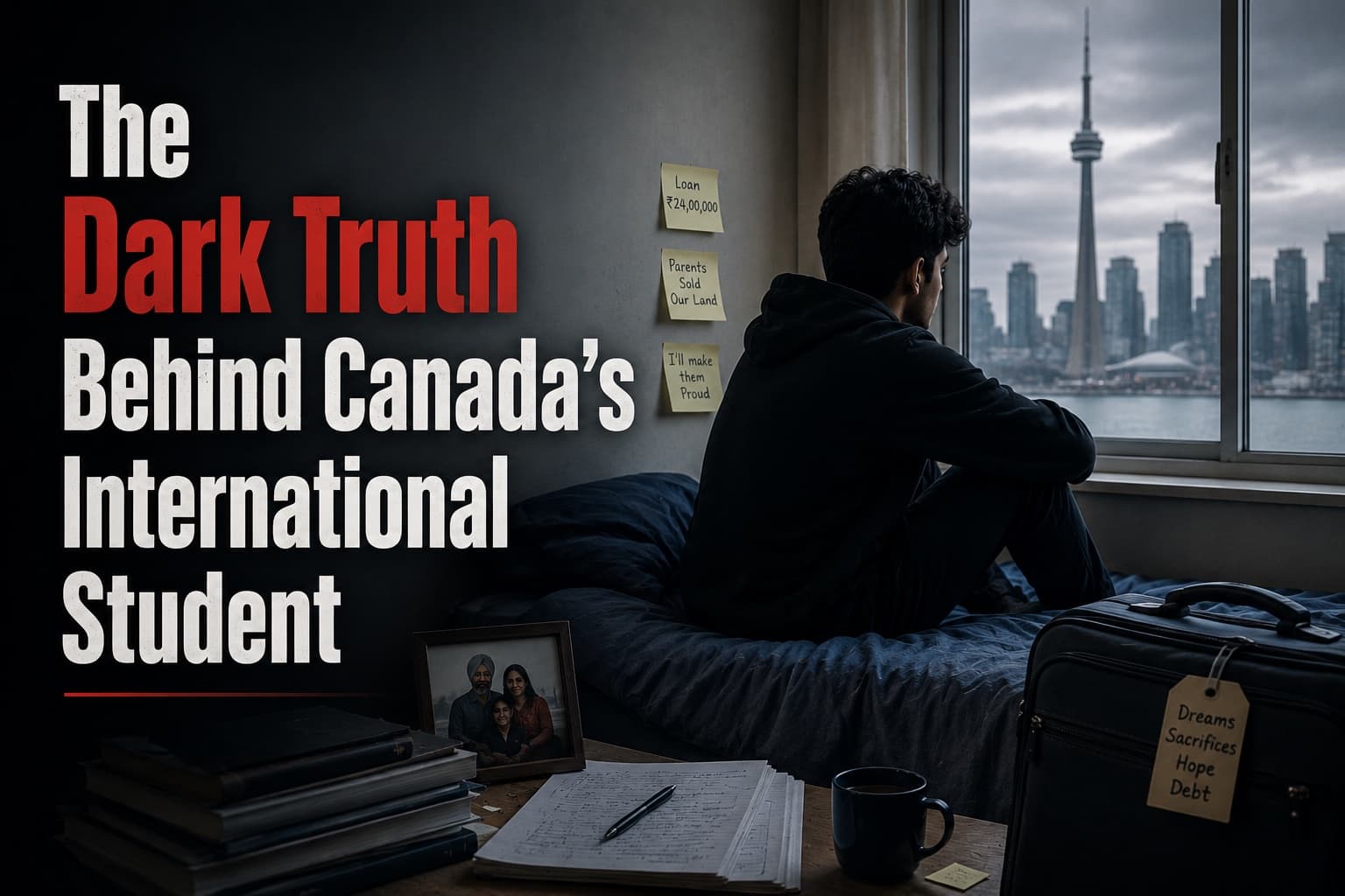 Indian international student sitting alone in a small basement room in Canada while looking at family photos, representing the emotional and financial struggles behind Canada’s international student crisis.