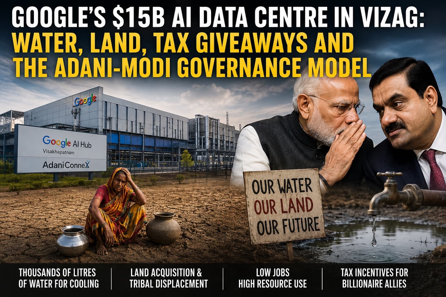 Google AI data centre project in Visakhapatnam showing environmental concerns over water usage, land acquisition, tax incentives, and the role of Adani and Modi government in India’s AI infrastructure expansion.