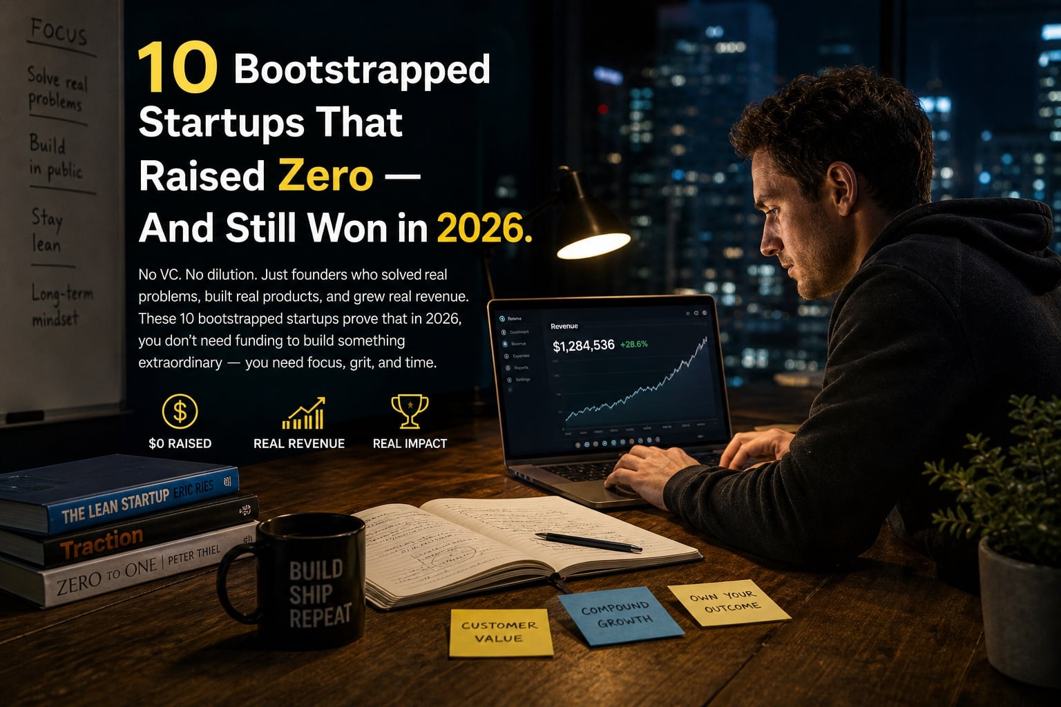 Founder working on a bootstrapped startup at a desk, representing self-funded startup success in 2026