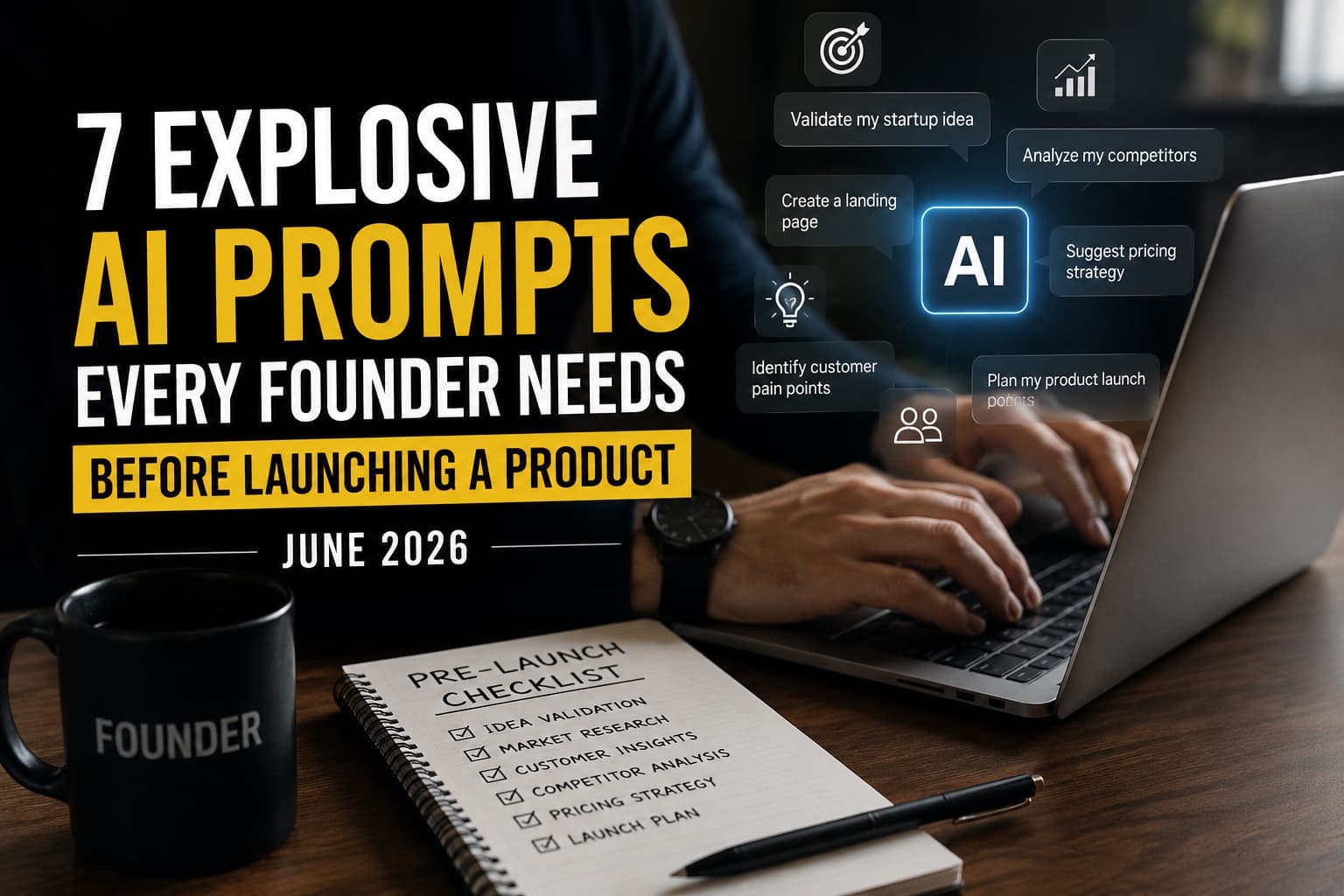 Founder using AI tools before product launch with the title 
