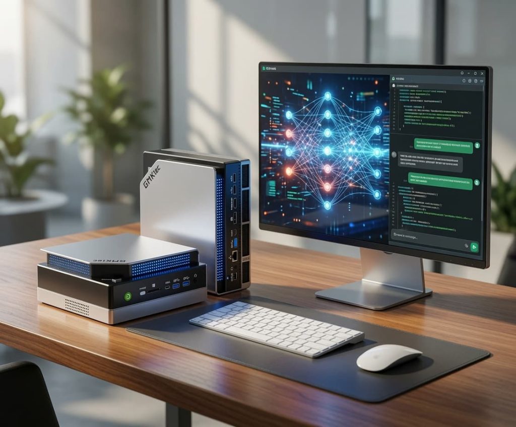 AMD Ryzen AI Max+ 395 mini PC running local AI inference
