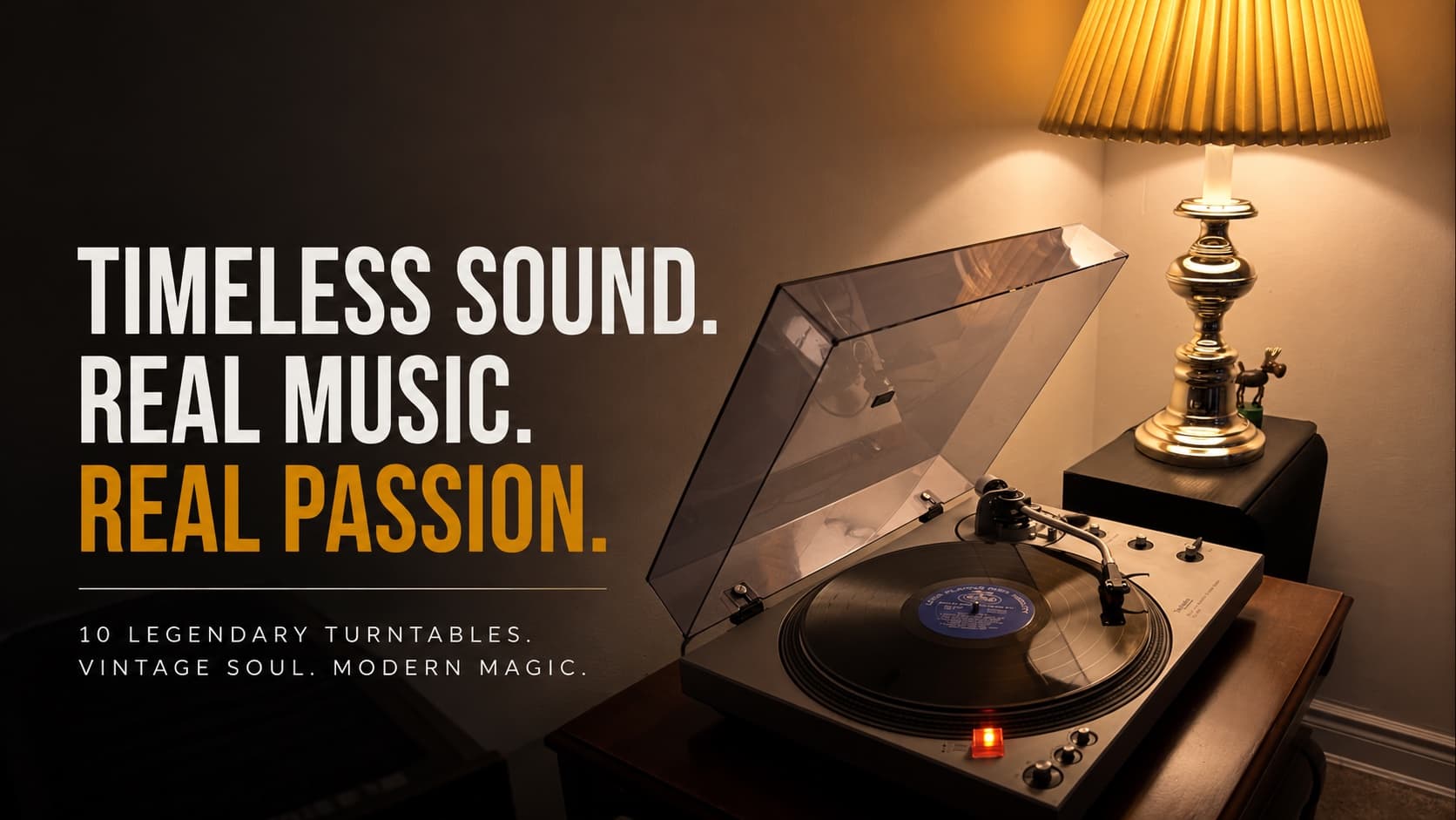 Vintage Technics turntable playing vinyl record under warm lamp lighting representing legendary turntables and audiophile culture.