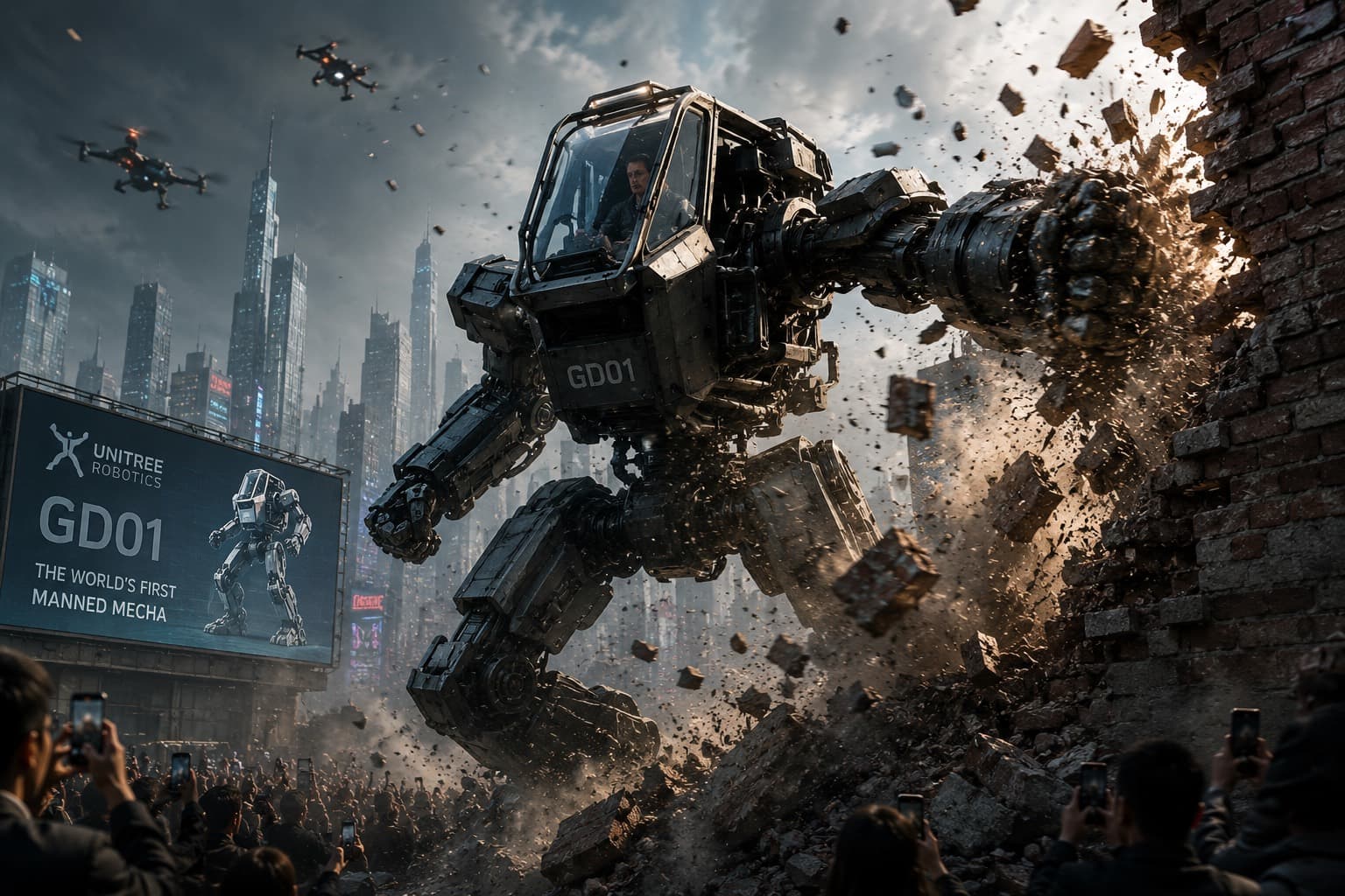 Unitree GD01 mecha robot punching through a brick wall during demonstration in China