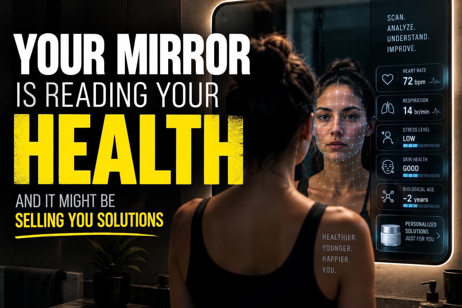 AI smart mirror scanning a person's face for biometric health data