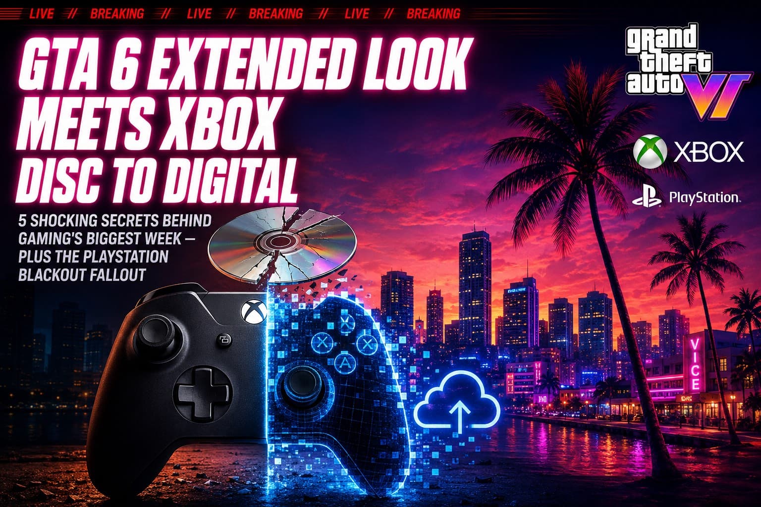 GTA6-xbox-playstation-Asha-Sharma GTA 6 Extended Look hero image featuring Xbox Disc to Digital and PlayStation Blackout theme