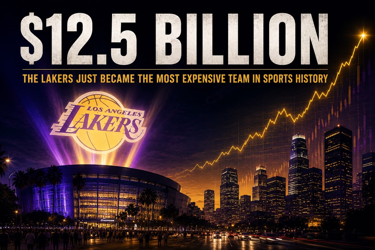Lakers $12.5 Billion Sale hero image showing purple and gold arena lights merging with a financial skyline