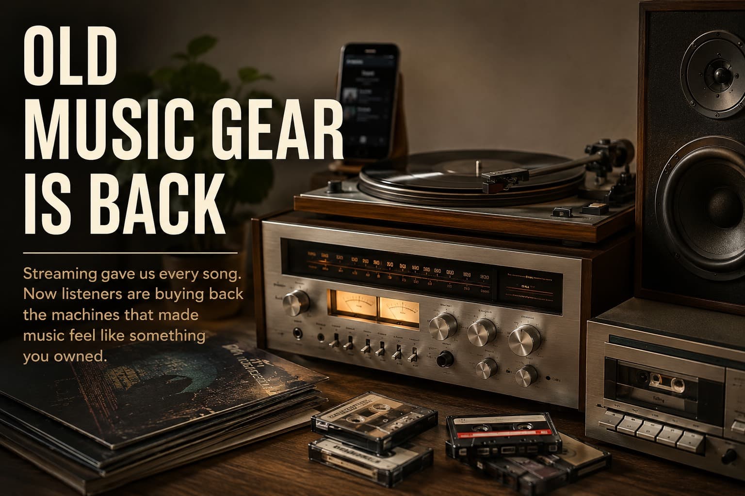 old-music-gear-vintage-audio-turntable old music gear with vintage amplifier turntable cassette deck and vinyl