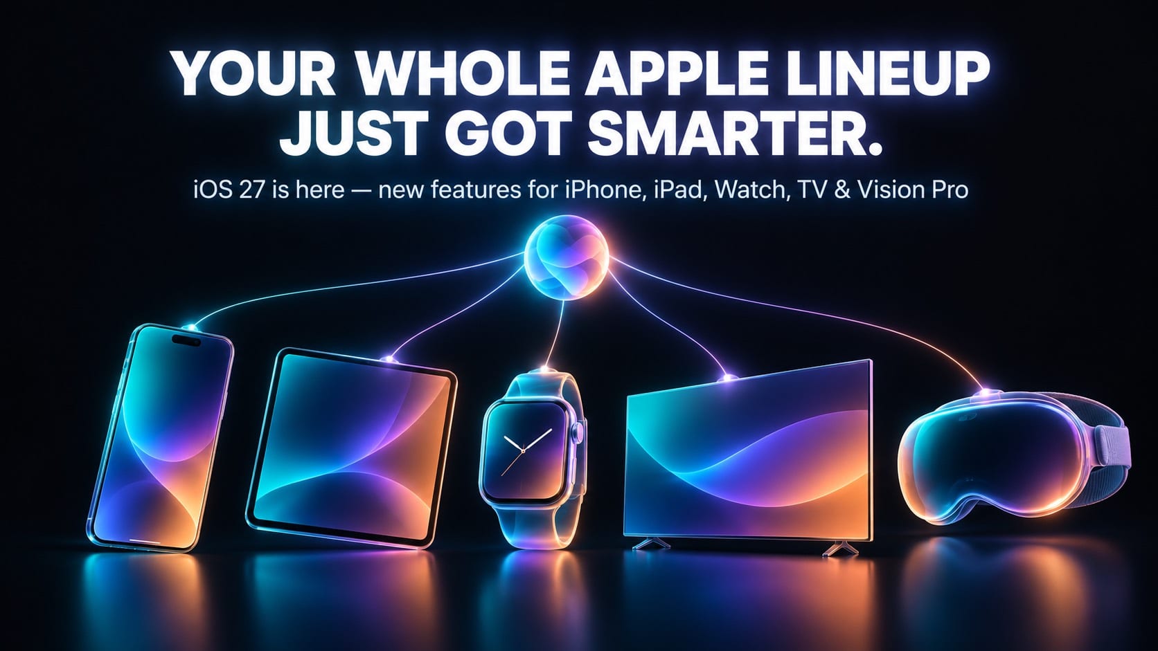 Apple-iOS27 iOS 27 update hero image showing Siri AI across iPhone, iPad, Apple Watch and Vision Pro