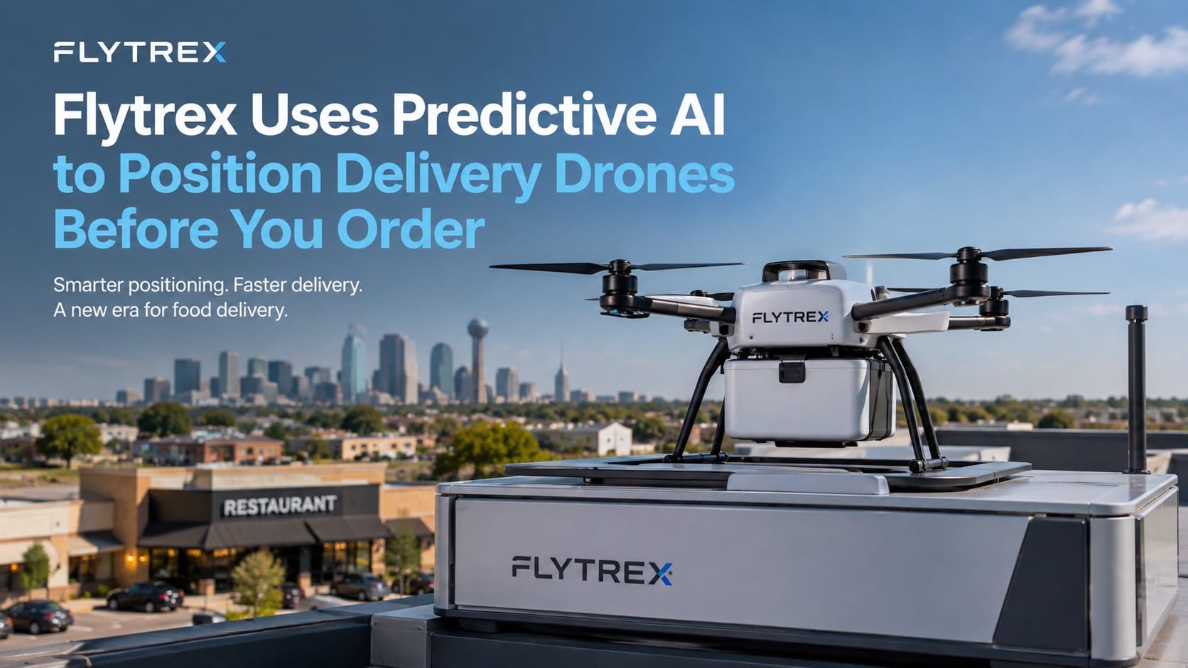 Flytrex AI delivery drone waiting on a restaurant rooftop before a food order