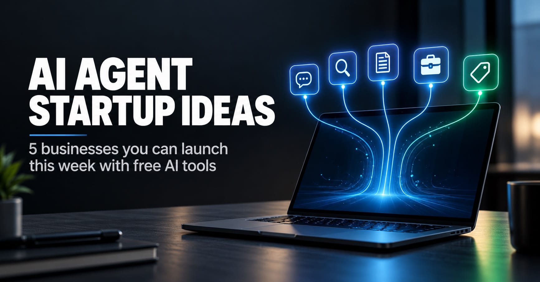AI agent startup ideas shown as five glowing AI agents connected to one laptop on a minimalist desk