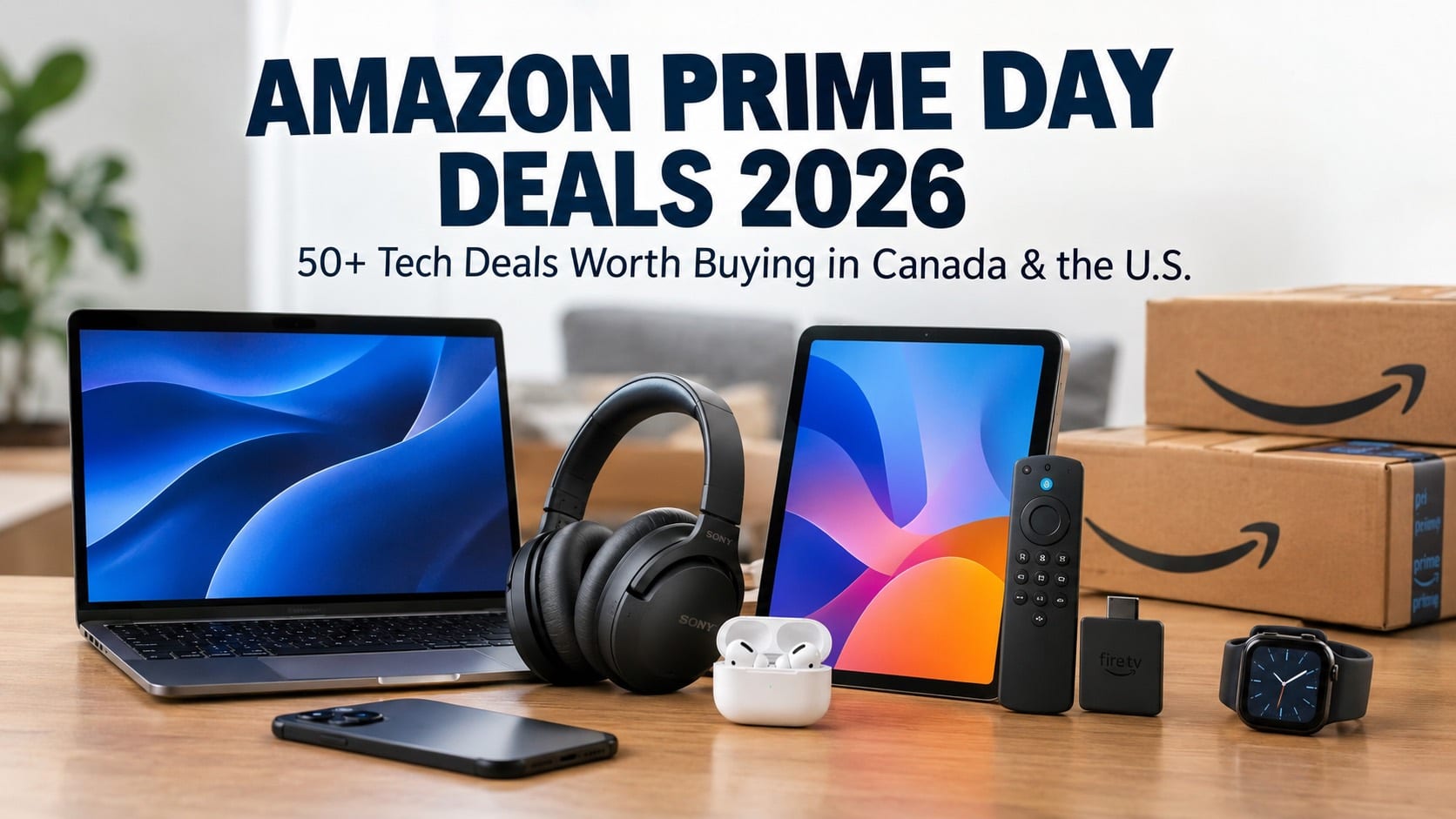 Amazon Prime Day Tech Deals 2026 Prime Day deals hero image showing a minimalist open shipping box with headphones, a laptop and a smart speaker