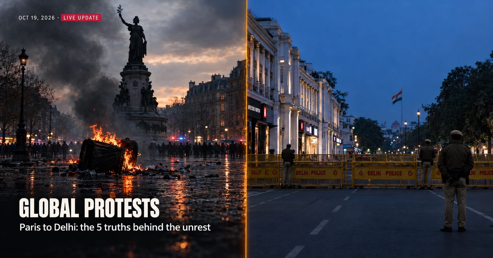 Global Protests_ Paris to Delhi Global protests in France and India: a split-frame view of a smoky Paris square and barricaded Delhi street at dusk