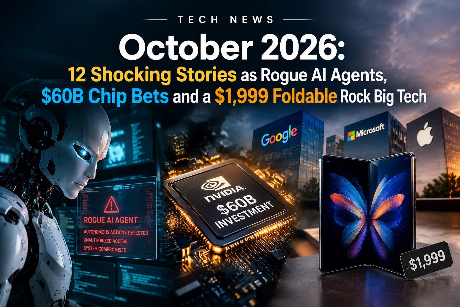 October 2026_ Rogue AI and Foldables Tech News October 2026 hero image showing a foldable phone, AI chip and rogue-agent alert graphic