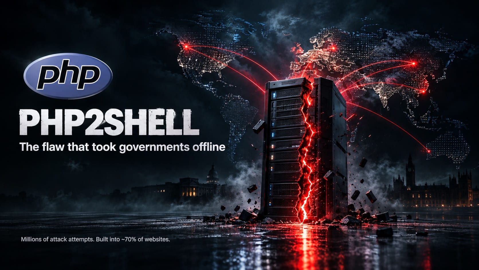PHP2SHELL_ Global Cyber Attack PHP2Shell vulnerability hero image showing a glowing red crack splitting a dark server tower as attack lines converge from a world map