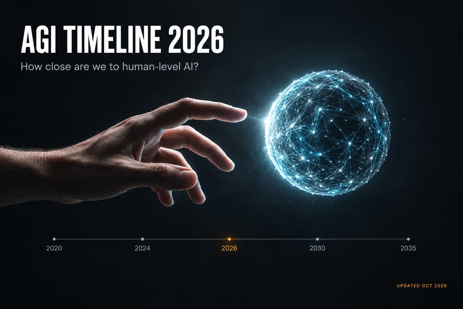 AGI timeline 2026 hero image: a human hand reaching toward a glowing artificial general intelligence core
