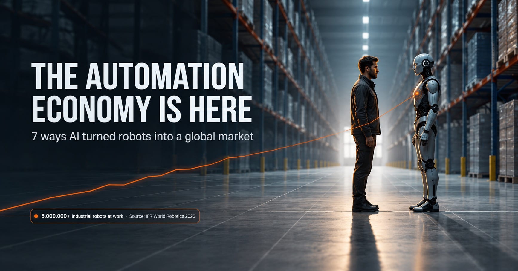 Automation economy concept: a human worker facing a humanoid robot in a minimalist AI-powered warehouse