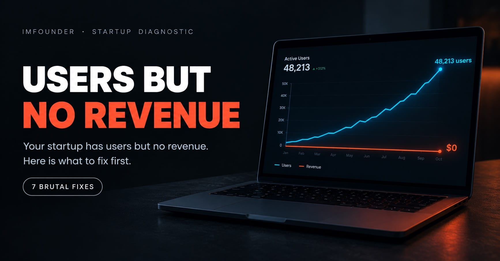 Users but no revenue Startup analytics dashboard showing users but no revenue: a user growth line climbing while the revenue line stays flat at zero