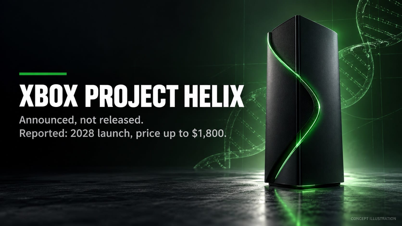 Xbox Project Helix concept illustration of Microsoft’s next-gen console with an emerald double-helix light seam